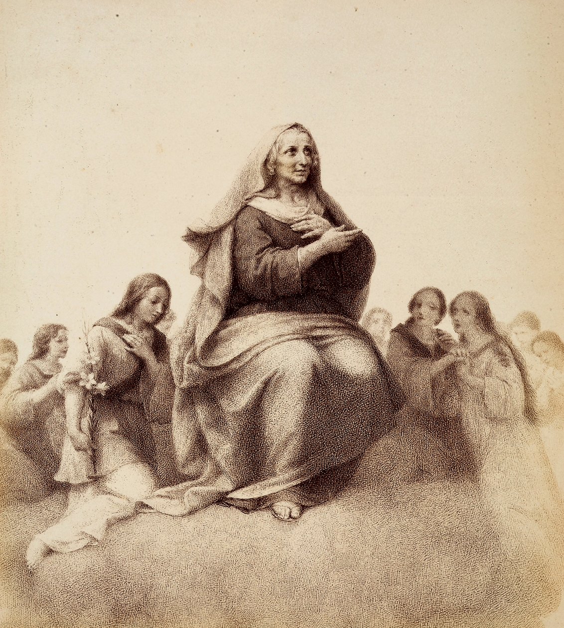 Svatá Anna spokojeně rozjímá o své dceři. Ilustrace z XXXII. kánonu v Ráji Božské komedie od Dante Alighieriho. Dílo Francesca Scaramuzzy věnované florentskému magistrátu. od Unbekannter Künstler