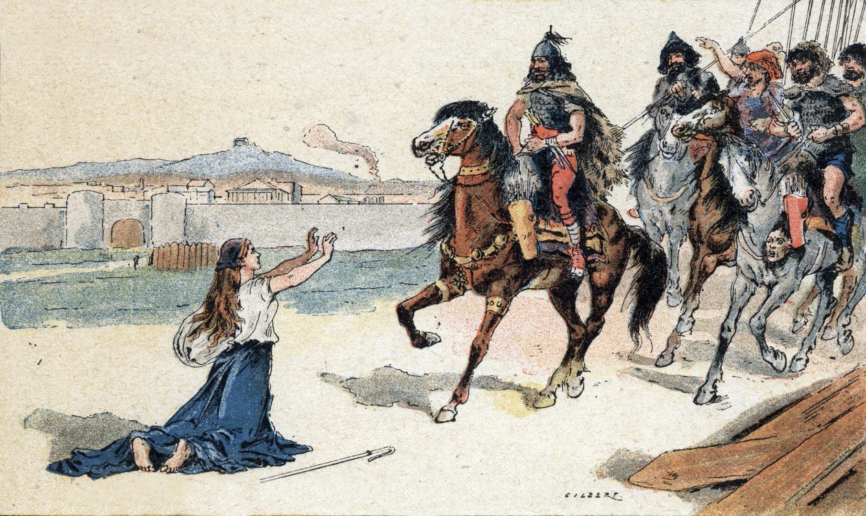 Svatá Genevieve (422-502) před králem Hunů Attilou - Invaze barbarů - Ilustrace Camille Gilbert z roku 1890 (rytina) od Unbekannt