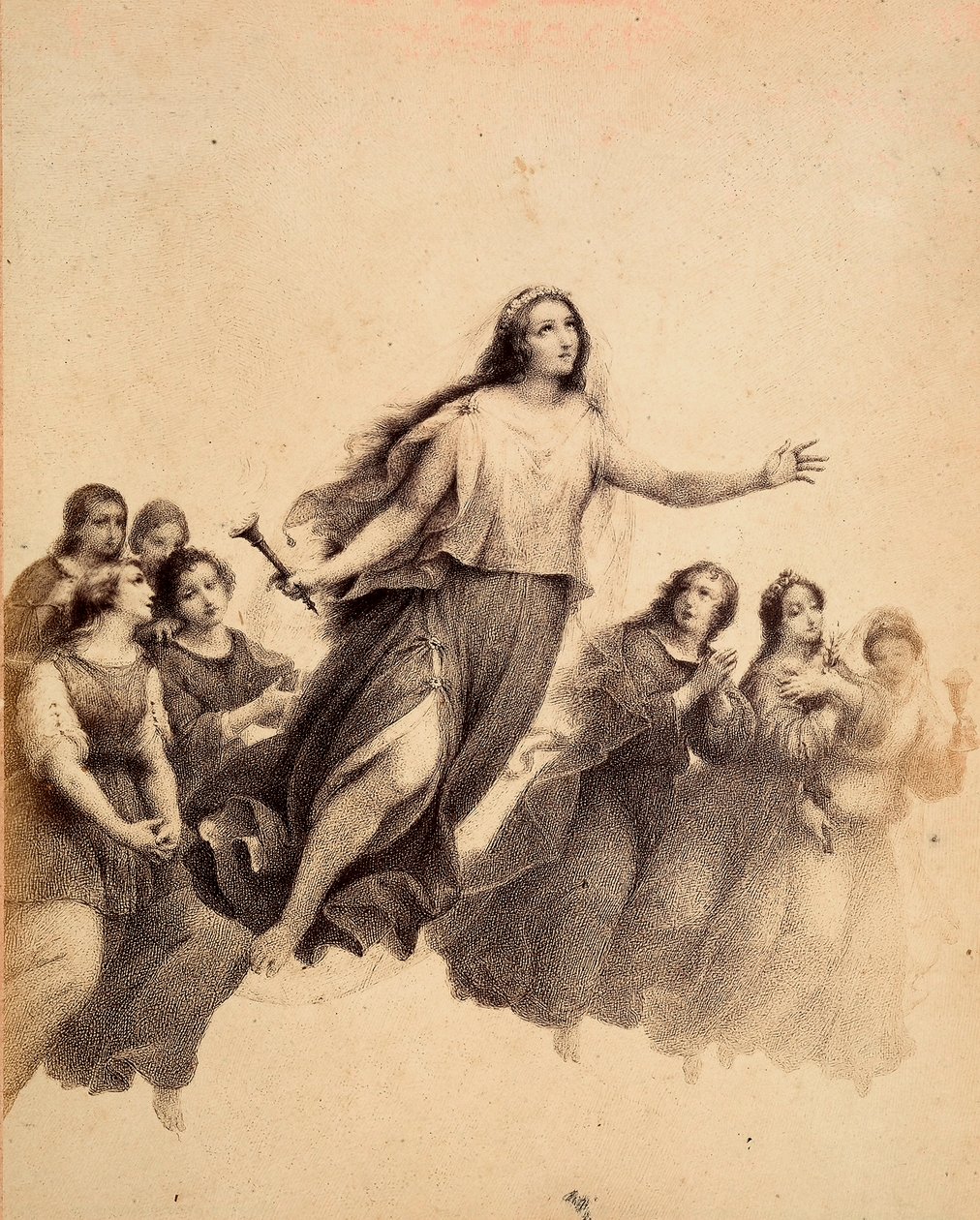 Svatá Lucie s pochodní v ruce letí oblohou Empyreanu obklopena mládeží. Ilustrace XXXII. kánonu v Ráji Božské komedie od Dante Alighieriho. Dílo Francesca Scaramuzzy věnované florentskému magistrátu. od Unbekannter Künstler