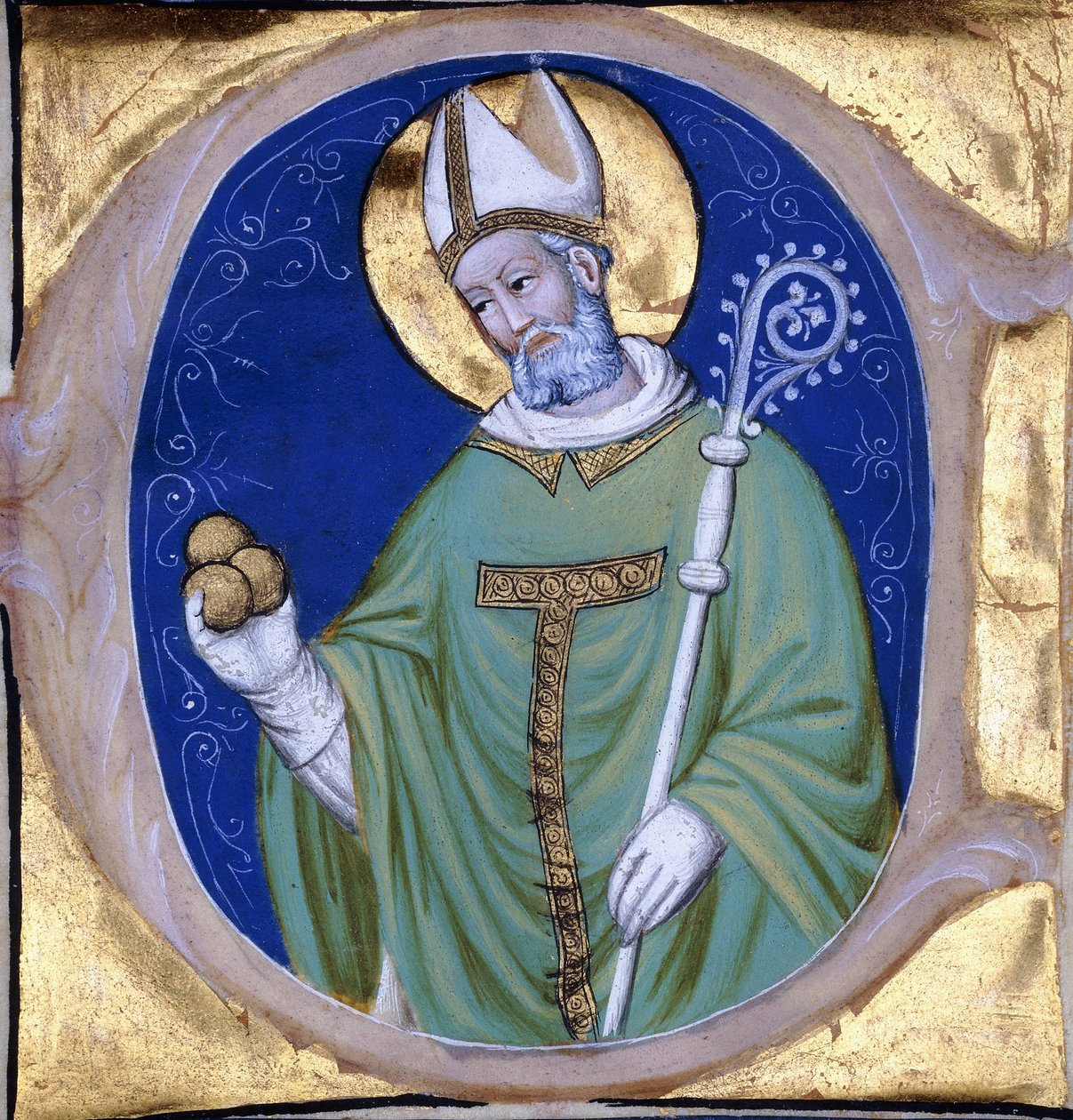 Svatý Mikuláš z Myry, historická iniciála „C“, z iluminovaného sborníku na pergamenu, kolem 1400 od Unbekannt