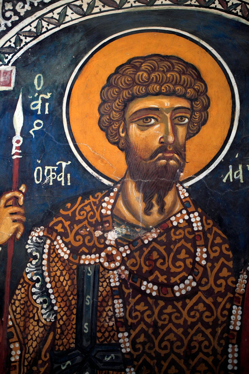 Saint Theodore Stratelates: byzantská freska ze 14. století (1332) Phorbiotissa Virgin church, Asinou Cyprus Malované kostely UNESCO Troodos, Kypr od Unbekannt