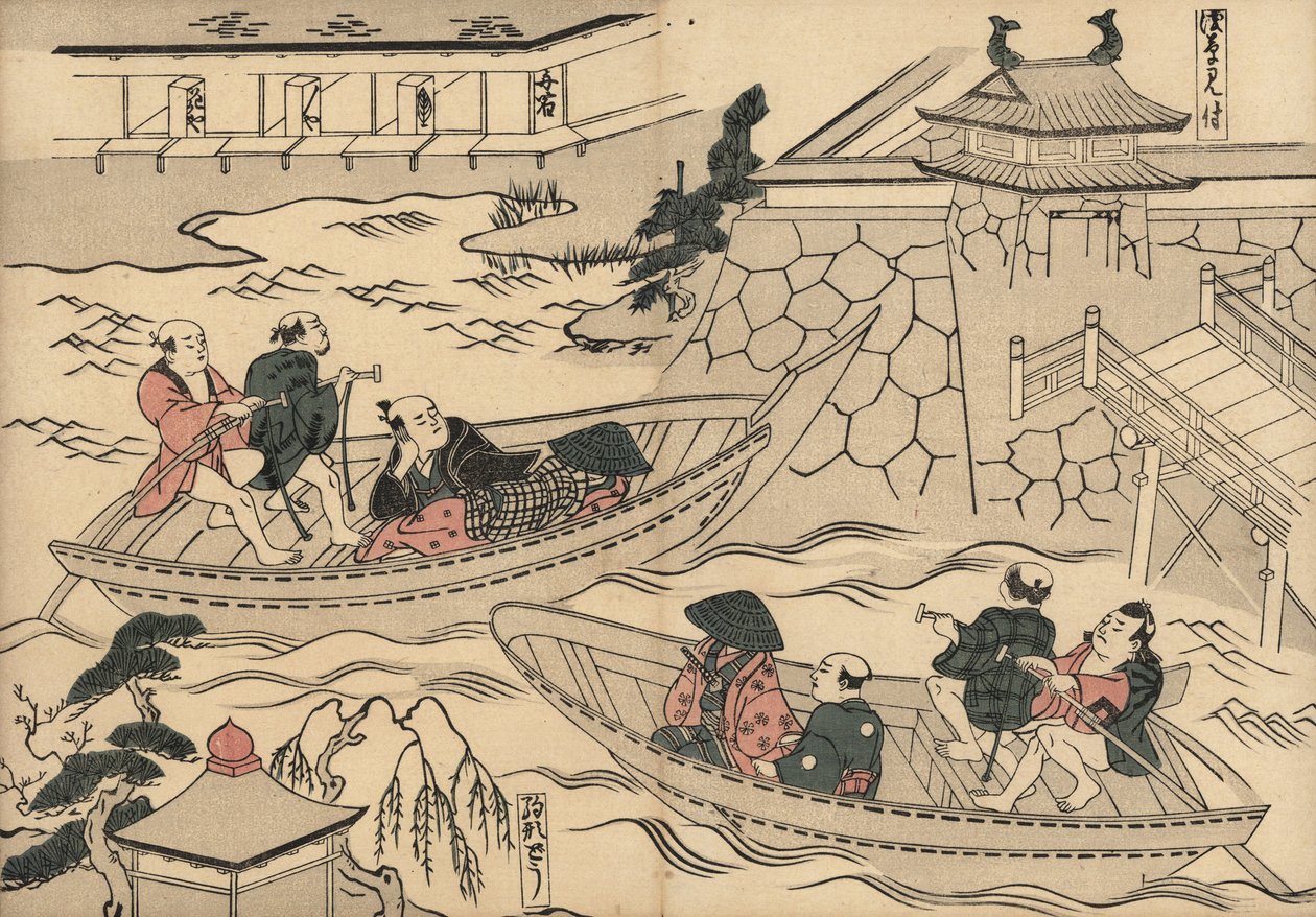 Samurajové překračují řeku (u Akasaky Mitsuke) na člunu cestou do zábavních čtvrtí Jošivary. Dřevotisk Masanobu Okumury (1686-1764) z knihy Fuzoku Emakimono, Obrazový svitek vodního obchodu, Tokio, reprint kolem roku 1880. od Unbekannter Künstler