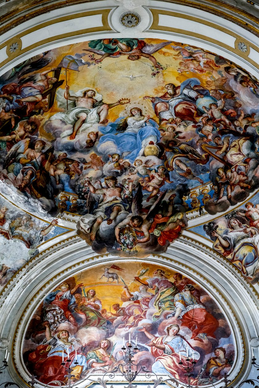 Kostel San Benedetto (St Benedict), Catania, Sicílie (Itálie). Detail stropní fresky (18. století), zobrazující Mariinu korunovaci. (fotografie) od Unbekannt