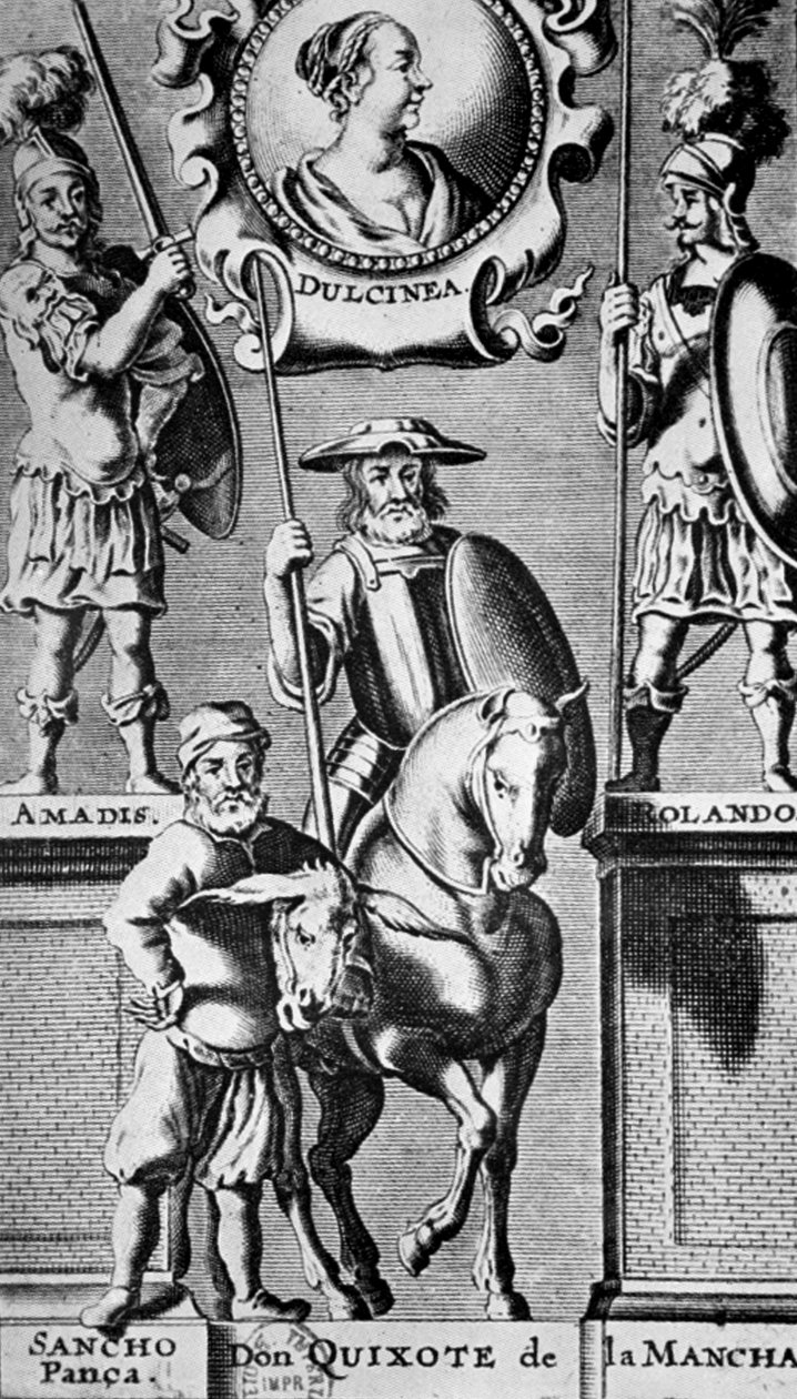 Sancho Panza a Don Quijote, pod portrétem Dulcinee (podle Miguela de Cervantese) od Unbekannter Künstler
