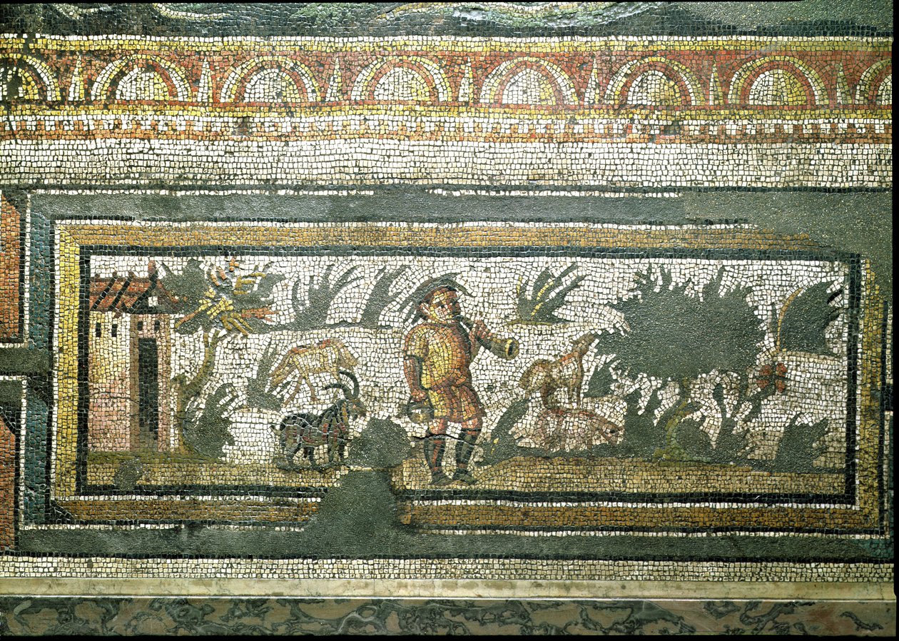 Scéna pastevce koz s jeho kozami, detail okraje z mozaikové dlažby zobrazující roční období a lovecké scény, z Constantinian Villa v Daphne, Řím, kolem 325-330 našeho letopočtu (mramor, vápenec a sklo) od Unbekannt