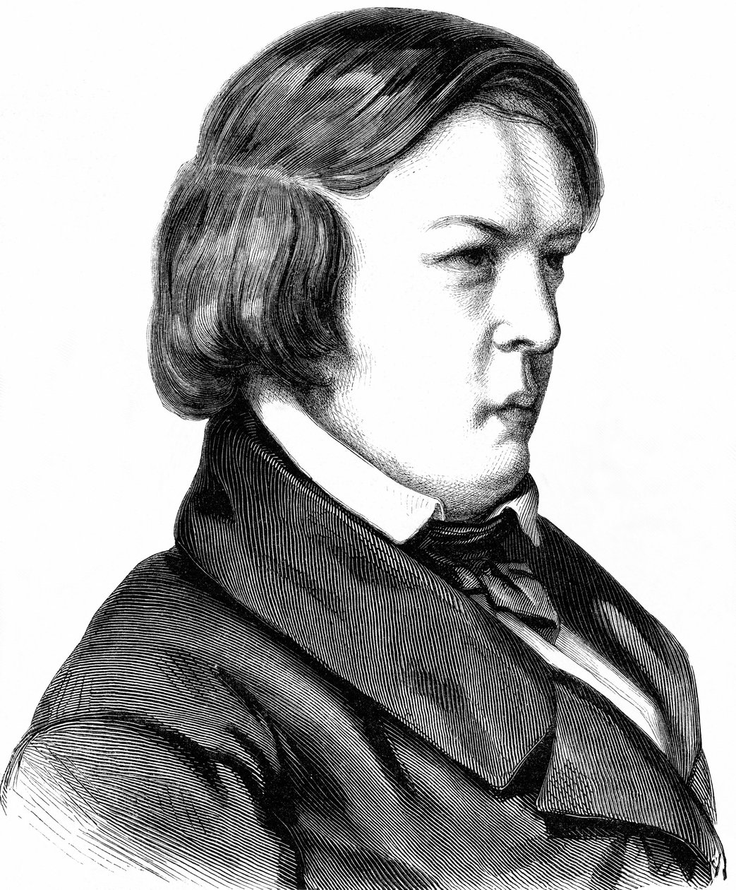 Schumann, Robert , německý hudební skladatel, narozen 08. 06. 1810 ve Zwickau, zemřel 29. 07. 1856 v Endenichu u Bonnu, dřevoryt kolem roku 1860 od Unbekannter Künstler