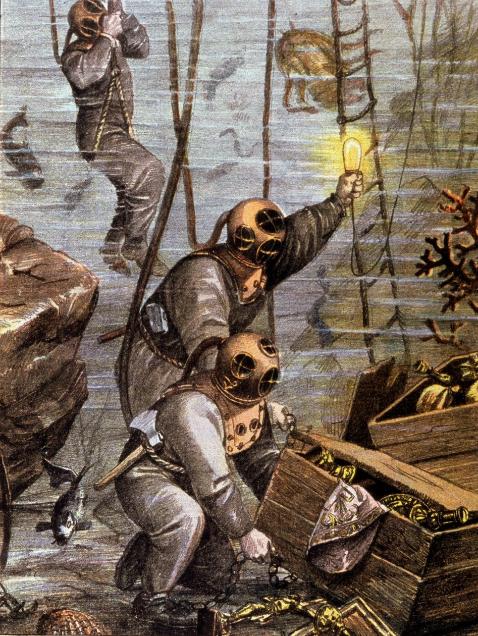 Potápěč objevující podmořský poklad, počátek 20. století (ilustrace) od Unbekannter Künstler