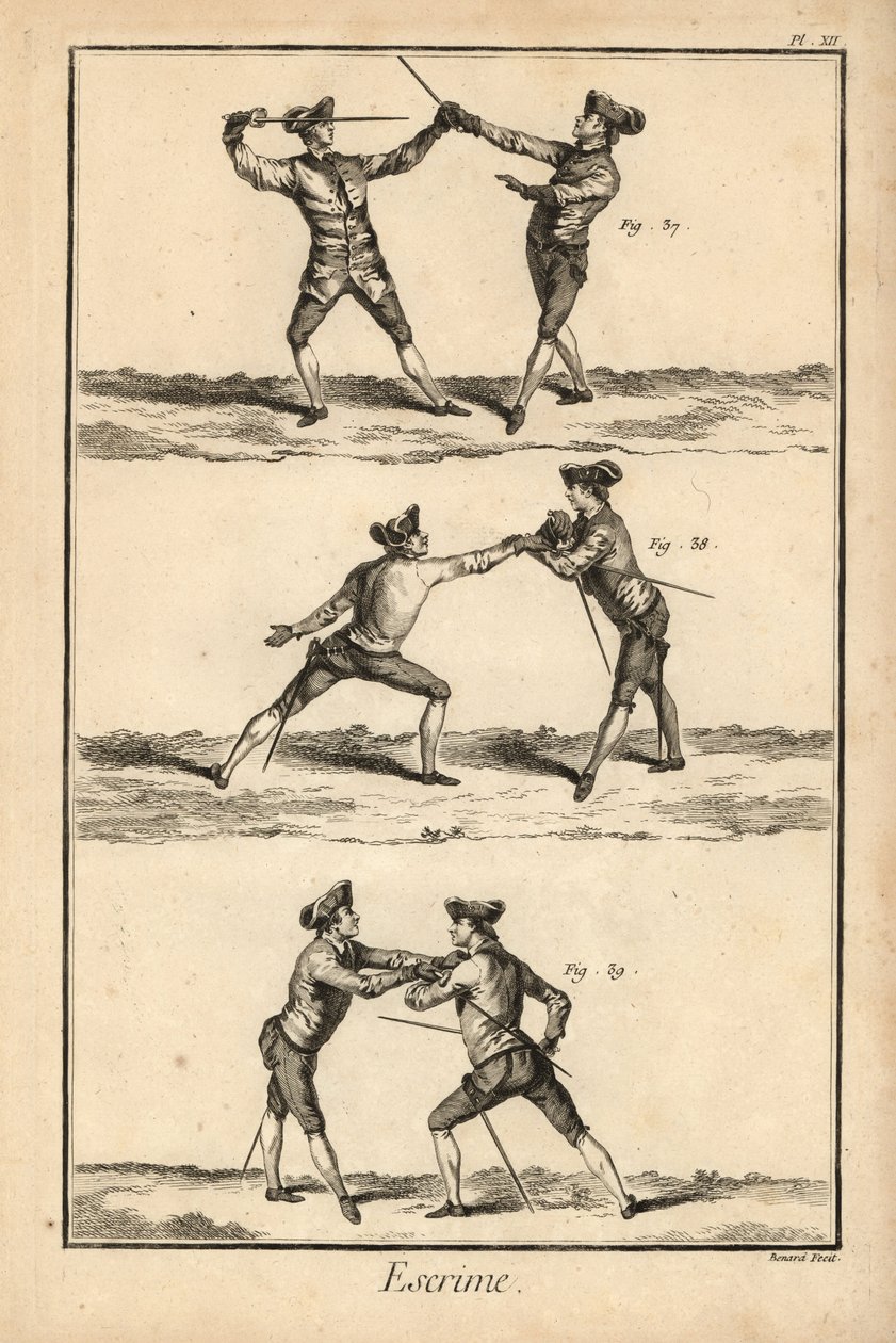 Druhá poloha vyřazení v tierce, vyřazení na carte nebo seconde thrust a druhá poloha vyřazení na carte. Mědirytina Roberta Benarda z oddílu Šerm v Encyklopedii Denise Diderota, Pellet, Ženeva. od Unbekannter Künstler