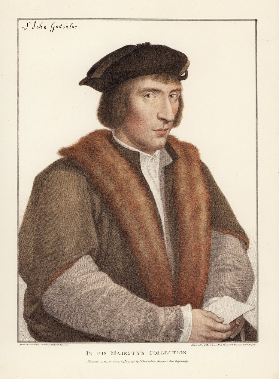 Sir John Godsalve z Norwiche v Norfolku, anglický politik (zemř. 1556). Ručně kolorovaná mědirytina od Francise Bartolozziho podle Hanse Holbeina z Faksimile originálních kreseb Hanse Holbeina, Hamilton, Adams, Londýn. od Unbekannter Künstler