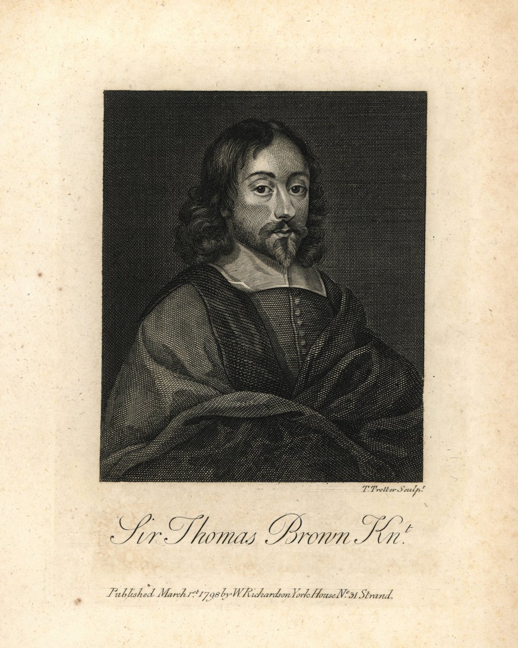 Sir Thomas Brown, anglický polyhistor a spisovatel v oblasti vědy, medicíny, náboženství a esoteriky, zemřel roku 1682. Mědirytina z knihy Williama Richarda Portraits Illustrating Granger