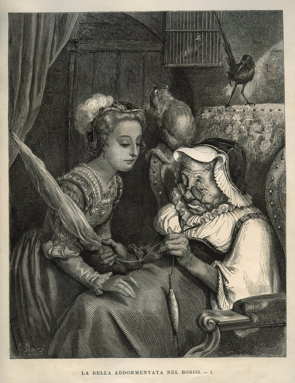 Šípková kráska: princezna objeví starou ženu, která předá vlnu. Rytina od Gustava Dore (1832-1883) z „“Les contes““ od Charlese Perraulta (1628-1703) od Unbekannt