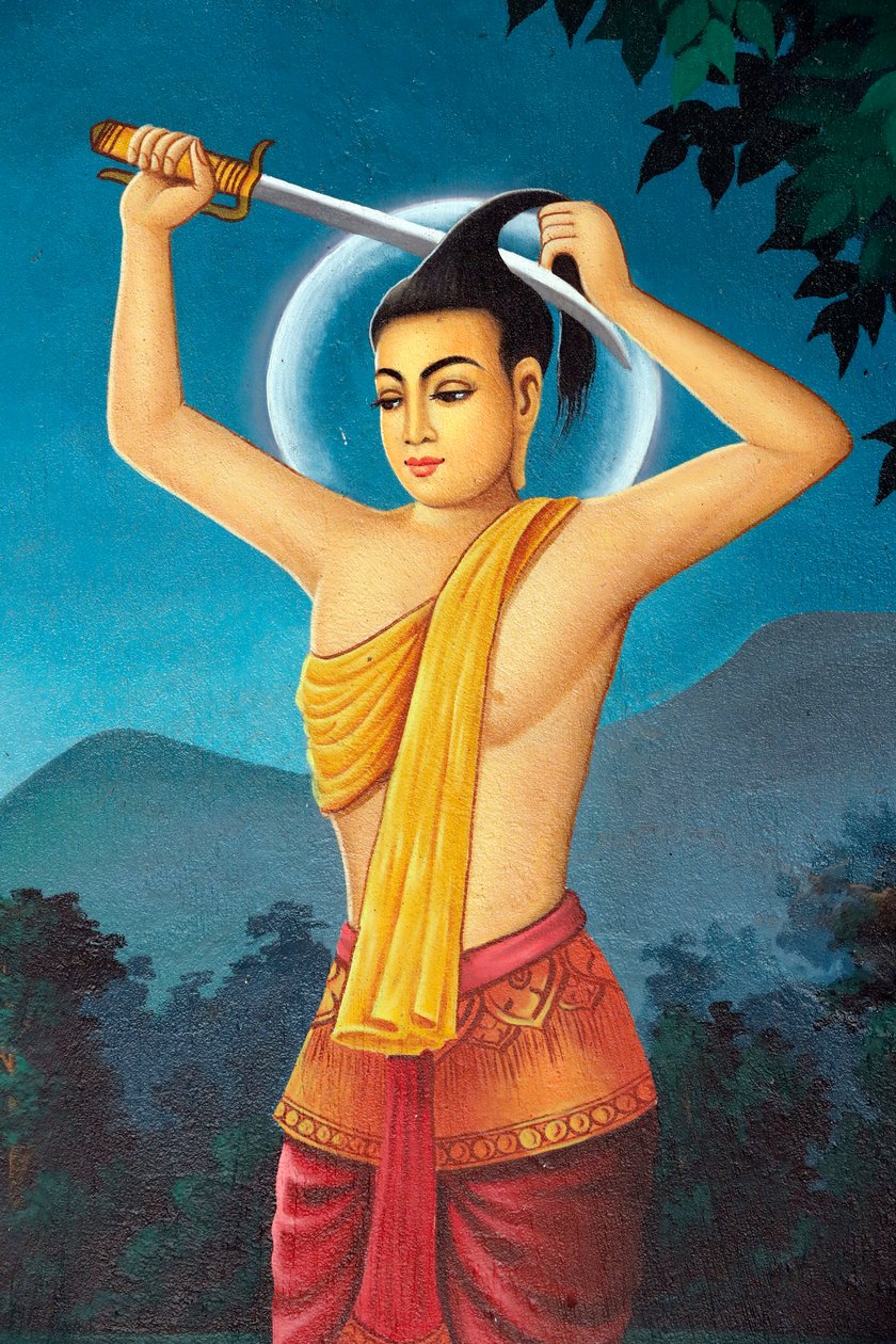 Buddhistický klášter Srahchork. Obraz zobrazující životní příběh Buddhy Šákjamuniho. Princ Siddhartha si ostříhal vlasy, aby se zřekl světského života na břehu řeky Anoma. Phnom Penh. Kambodža. (fotografie) od Unbekannt