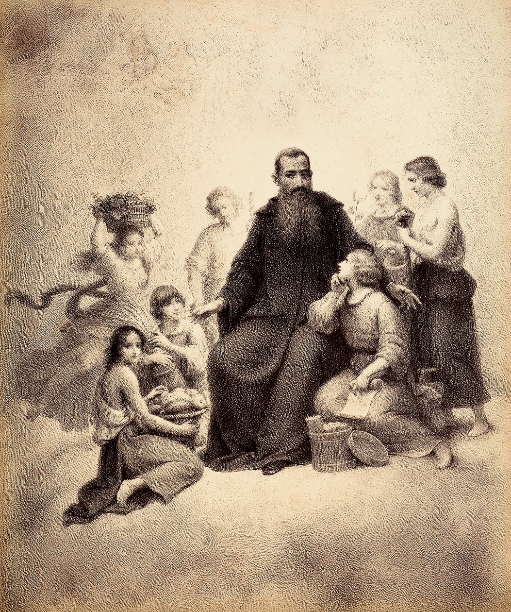 Svatý Benedikt na trůně je obklopen mládeží se svazky pšenice a košíky ovoce. Ilustrace z XXXII. kánonu v Ráji Božské komedie od Dante Alighieriho. Dílo Francesca Scaramuzzy věnované florentskému magistrátu. od Unbekannter Künstler