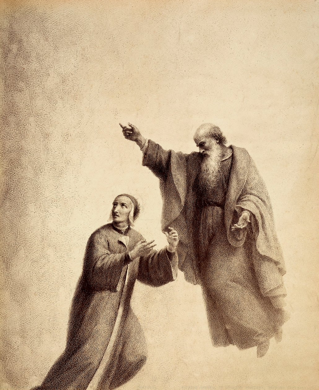 Svatý Bernard ukazuje Dantovi na Růži blahoslavených, kde sedí Beatrice. Ilustrace z Canto XXXI v Paradisu Božské komedie od Dante Alighieriho. Dílo Francesca Scaramuzzy věnované florentskému magistrátu. od Unbekannter Künstler