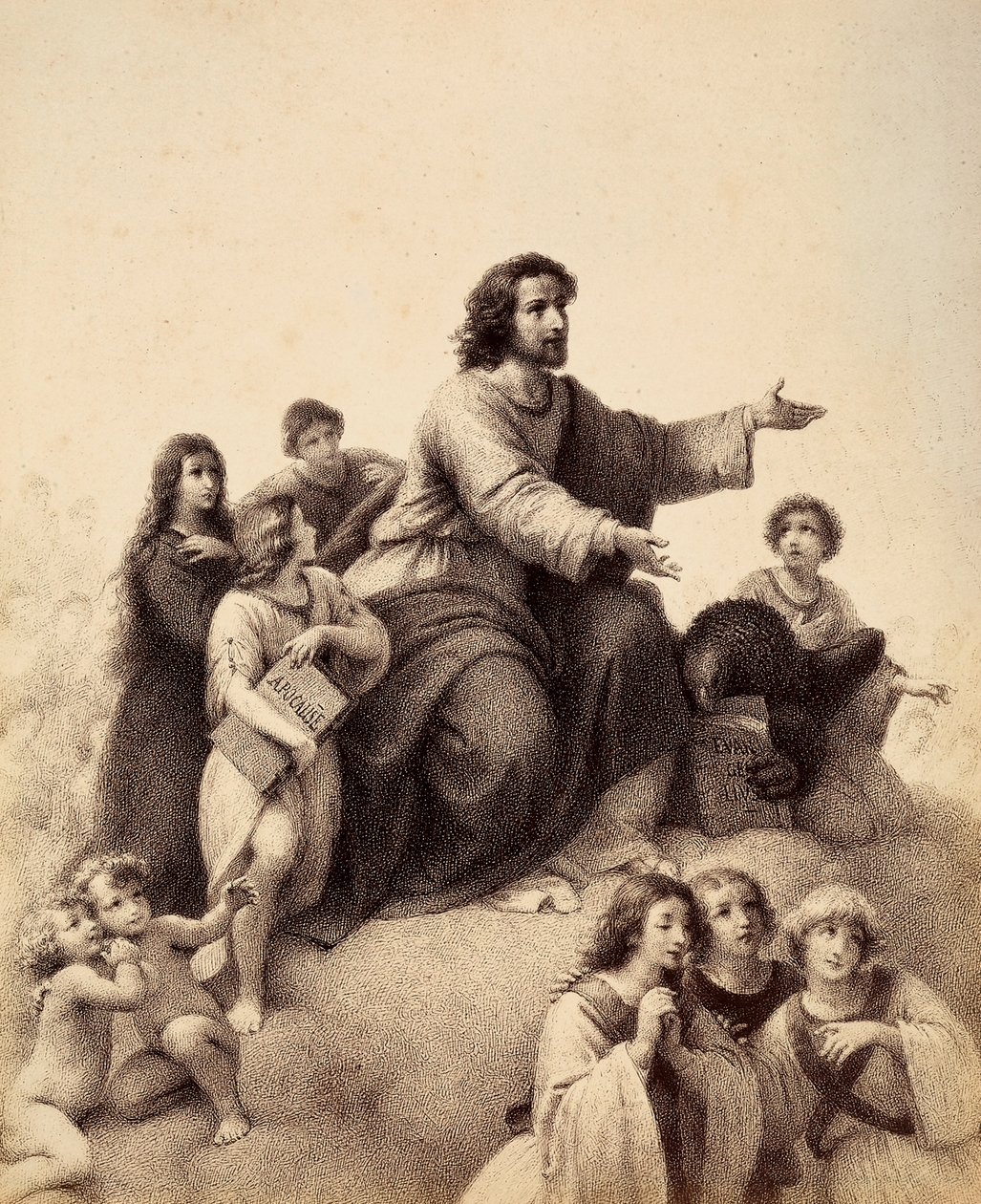 Svatý Jan Evangelista s rozpaženýma rukama je obklopen mládeží a anděly; u jeho nohou má orel v pařátech evangelium; mladík po světcově pravici drží knihu Apokalypsy (Zjevení). Ilustrace Canto XXXII od Unbekannter Künstler