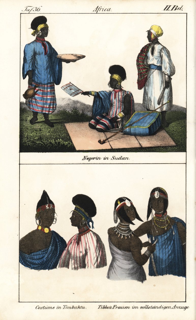 Súdánské ženy v pruhovaných šatech. Níže demmes z Timbuktu (Mali) a tibbské ženy ze Sahary. Litografie pro knihu: "Galerie complete en tableaux fideles des peuples d