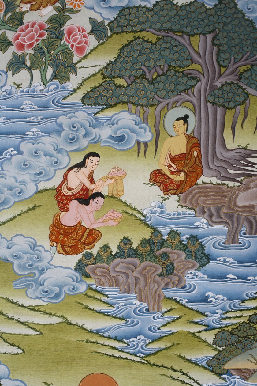 Sujata dává mléčnou rýži Buddhovi. Thangka, Bhaktapur, Nepál od Unbekannt