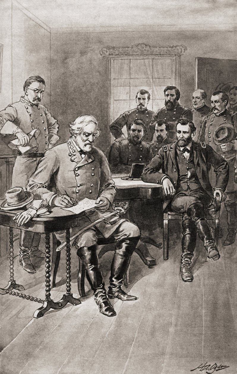 Kapitulace Roberta E. Leeho generálu Ulyssesovi S. Grantovi v Appomattox Court House ve Virginii 9. dubna. od Unbekannter Künstler
