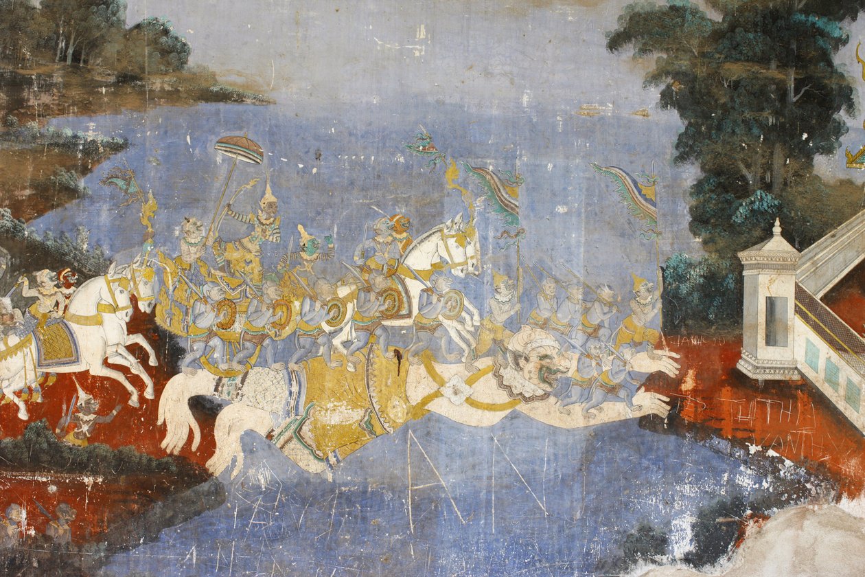 Sylver Pagoda Tato nástěnná malba zobrazuje scény z Reamker, což je kambodžská nebo khmerská verze klasické hinduistické básně Ramayana, Phnom Penh, Kambodža od Unbekannt