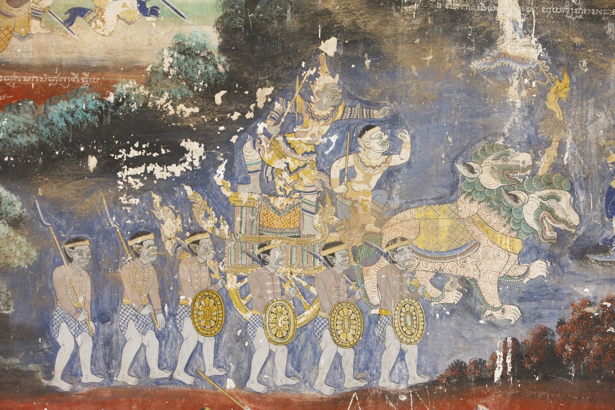 Sylver Pagoda Tato nástěnná malba zobrazuje scény z Reamker, což je kambodžská nebo khmerská verze klasické hinduistické básně Ramayana, Phnom Penh, Kambodža od Unbekannt