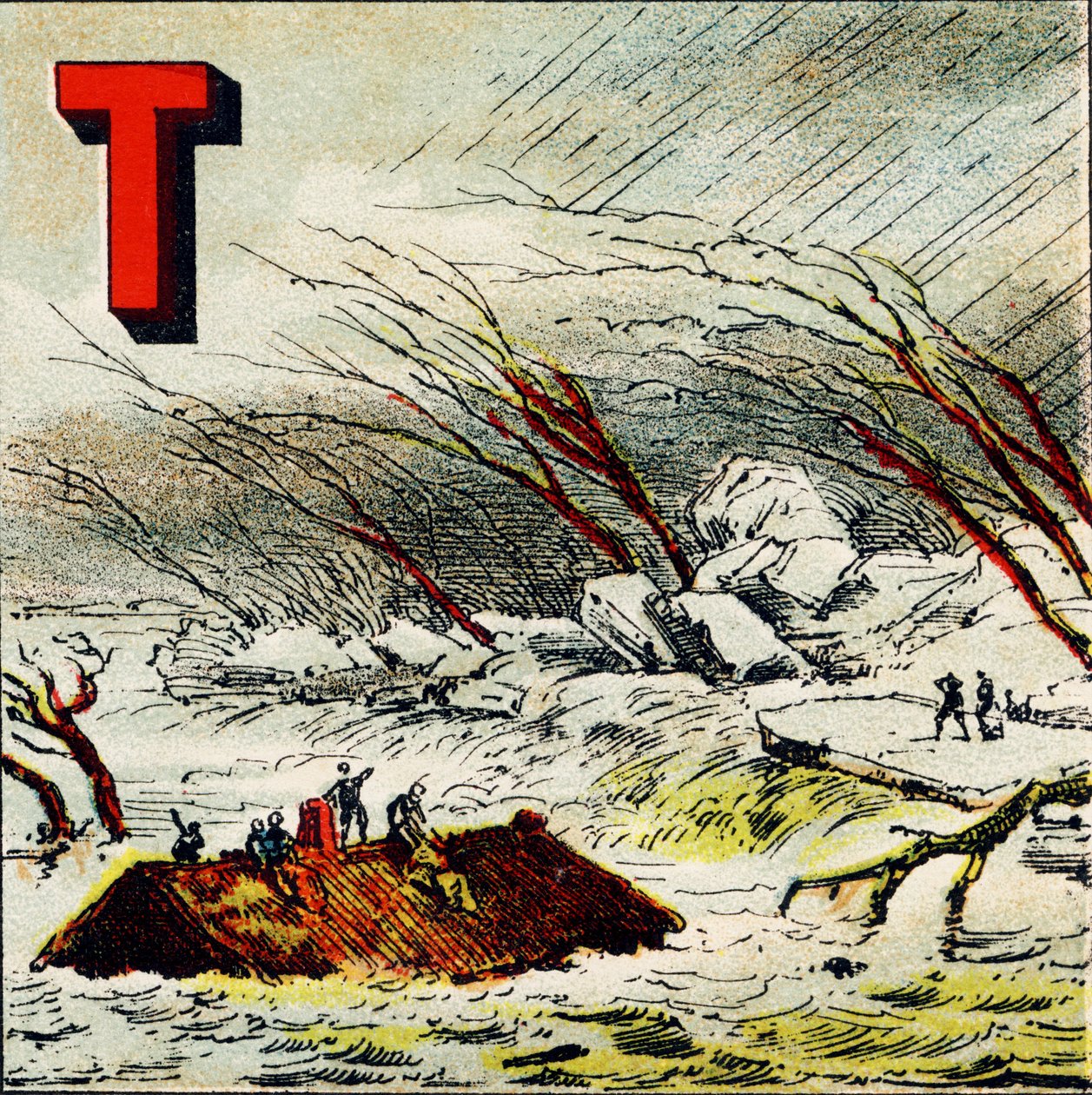 T: Torrent. Je to velmi rychlý proud vody produkovaný strmým svahem terénu - rytina vytažená z Geographical Alphabet. Guerin-Muller et Cie, nakladatelství, Paříž od Unbekannt