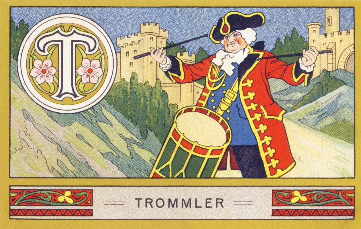 T : Trommler - Abeceda Palmin. Serie de chromolithographies editees par H. Schlinck & Cie, Hamburg, s. d. . Propagujte Palmin feinstes Cocosfett. Rozměry: 7 x 11 cm od William M. Timlin