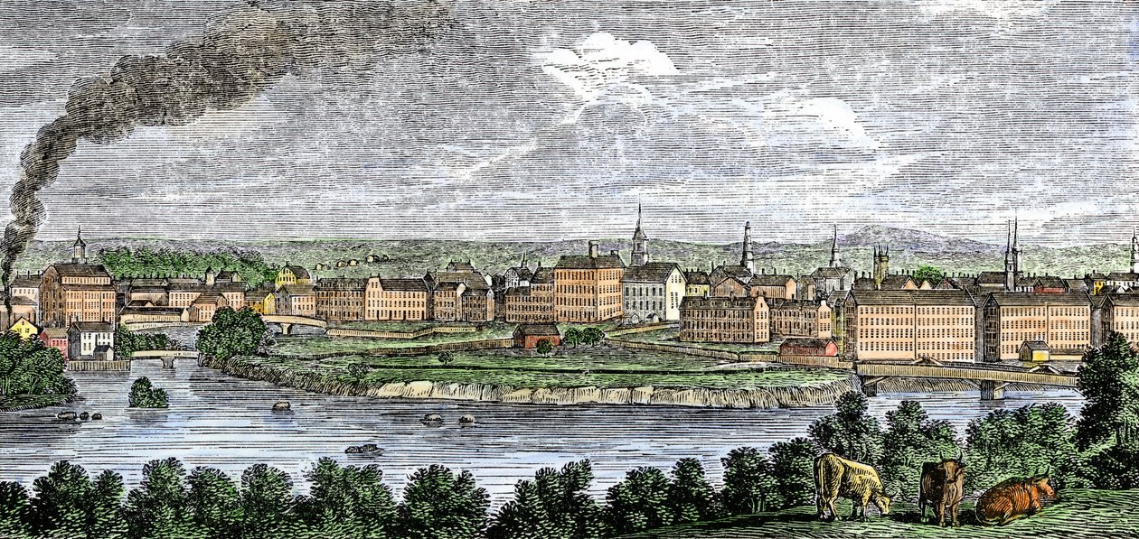 Textilní továrny podél řek Merrimack (Merrimac) a Concord, Lowell, Massachusetts, USA ve 30. letech 19. století. Kolorovaná rytina z 19. století. od Unbekannter Künstler