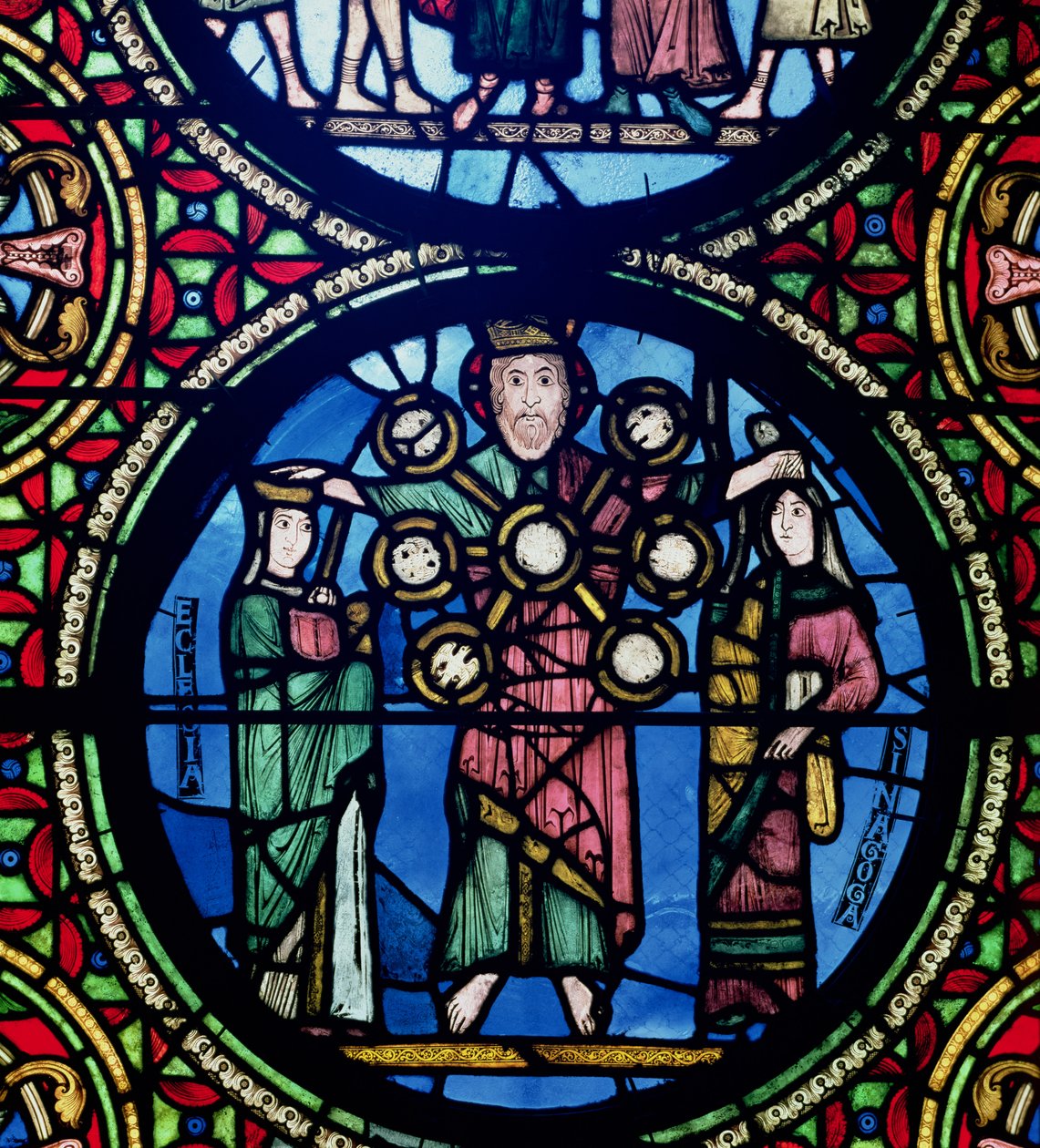 Okno Archa úmluvy, detail Boha s církví a synagogou od Unbekannt