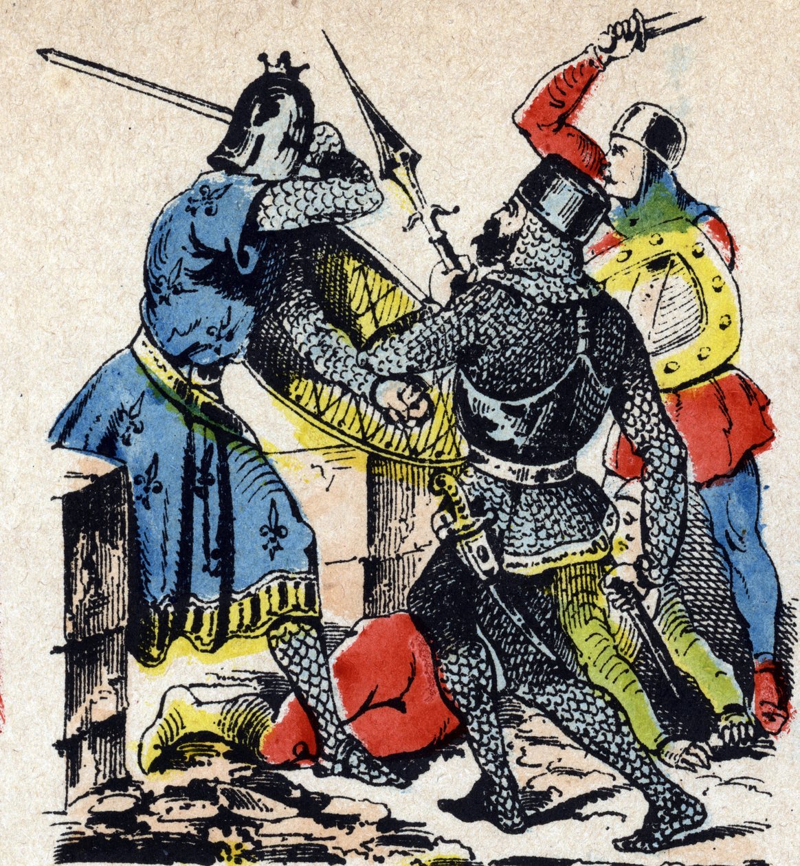 Bitva u Taillebourgu mezi francouzským králem Ludvíkem IX. a jeho bratrem hrabětem z Poitiers Alfonsem proti zbraním jejich vazalských vzbouřenců, anglického krále Jindřicha III. a Huga X. z Lusignanu. Epinalský obraz 19. století (rytina) od Unbekannter Künstler