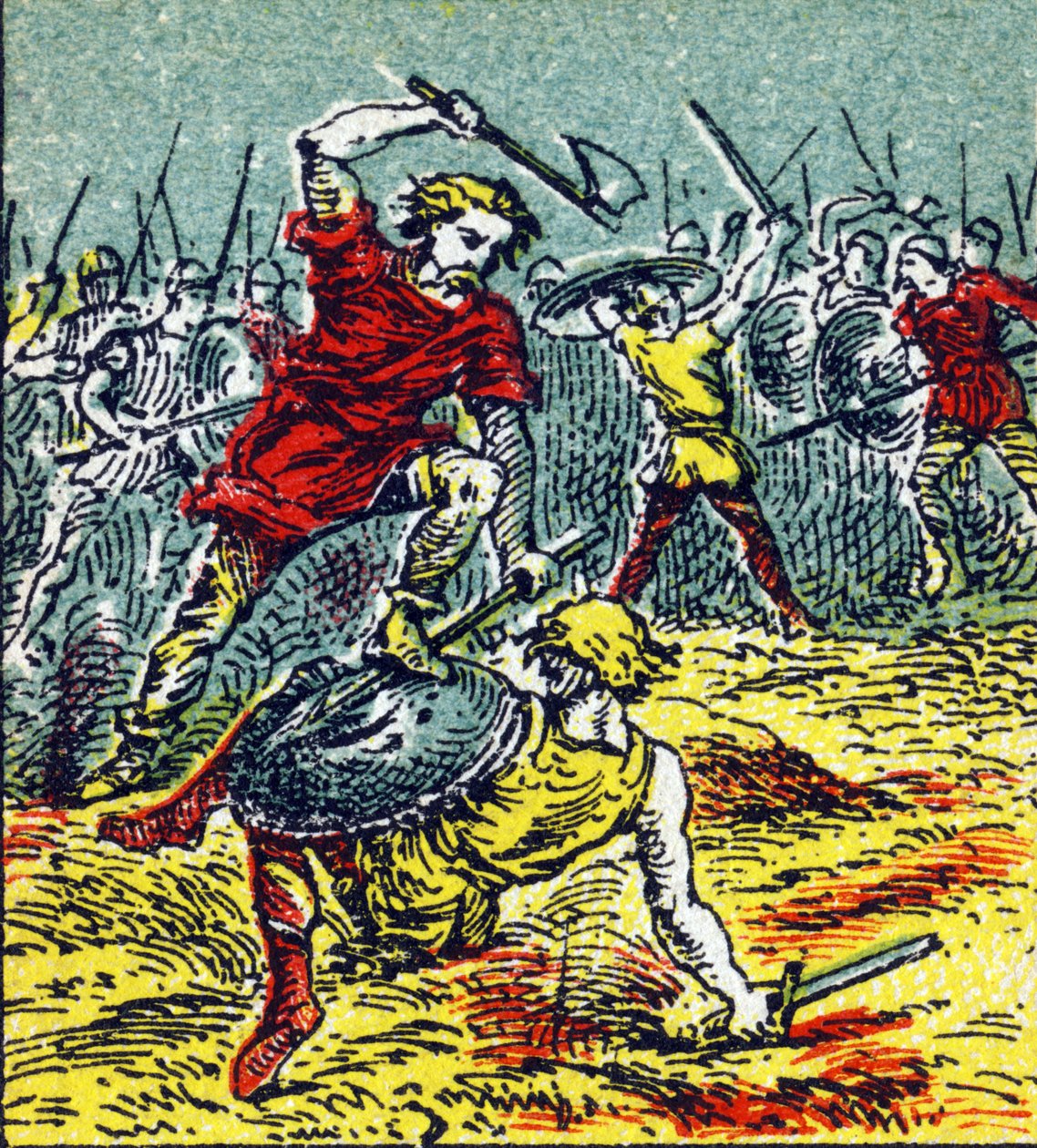 Bitva u Vouille, ve které Clovis I. porazil Vizigóty v roce 507. Rytina v „Histoire de France“. Série reklamních obrázků zveřejněných jménem Louita, 24 rue d