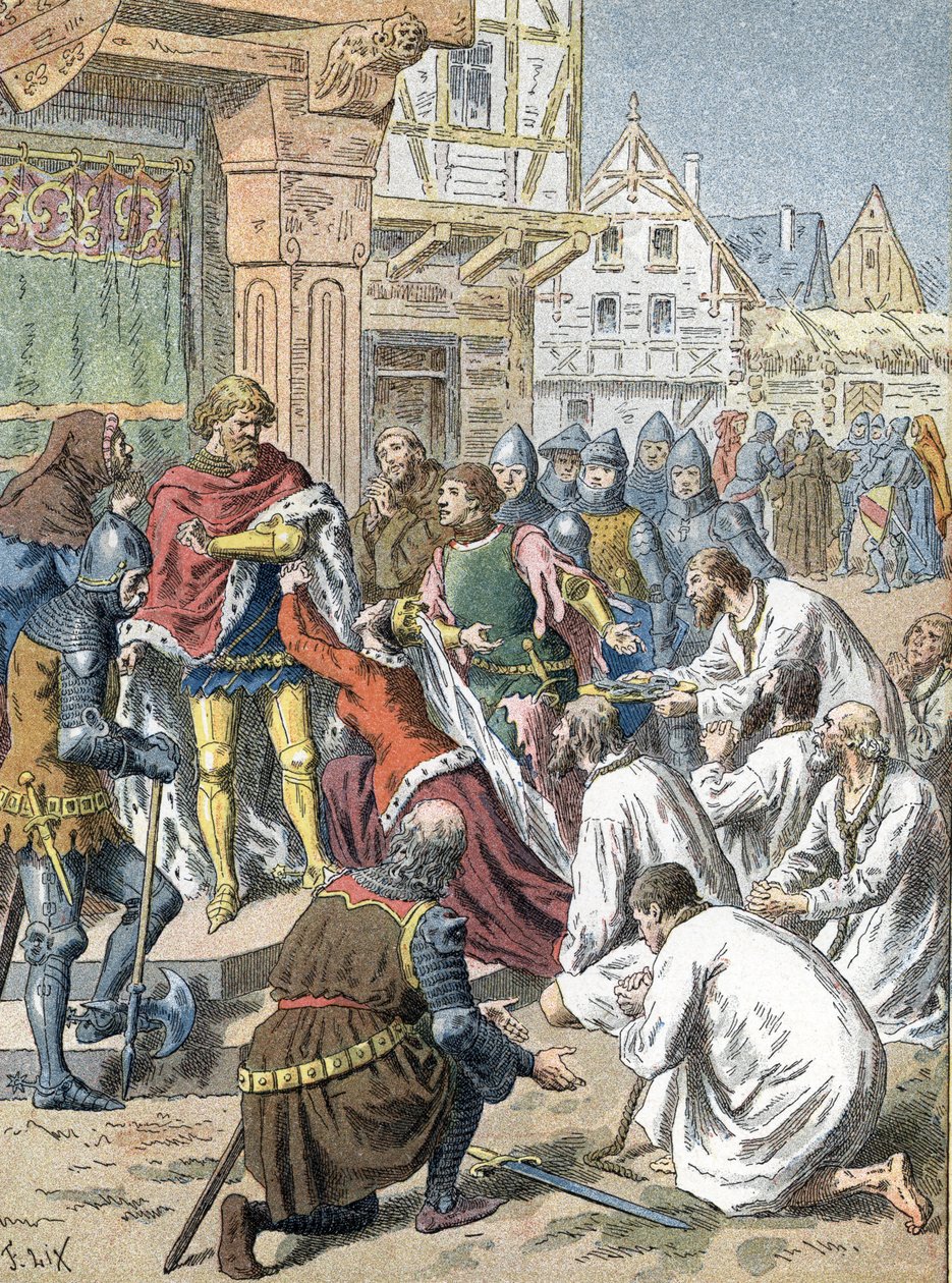 Buržoazie z Calais pod vedením Eustache de Saint-Pierre se nabízejí jako rukojmí Edwarda III. od Unbekannter Künstler