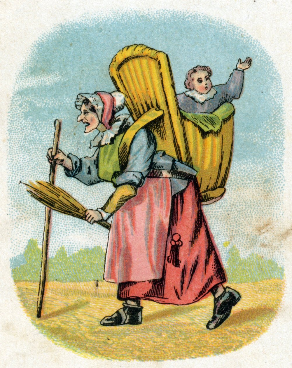 Matka přítele. Stará školačka s školákem nosící tašku. Rytina v "Alphabet des petits ecoliers". Imaging of Epinal, circa 1885. Privee Collection od Unbekannt