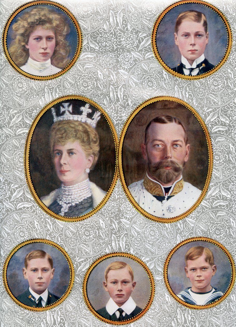Britská královská rodina v roce 1910. Nahoře zleva princezna Mary, královská princezna a hraběnka z Harewoodu,1897 - 1965. Princ z Walesu, pozdější Edward VIII. od Unbekannter Künstler