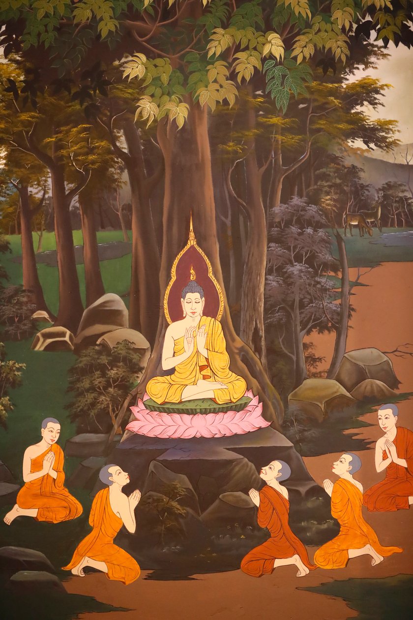 Buddha kázal své první kázání pěti mnichům, nástěnná freska, chrám Wat Botum, Phnom Penh, 2022 (foto) od Unbekannter Künstler