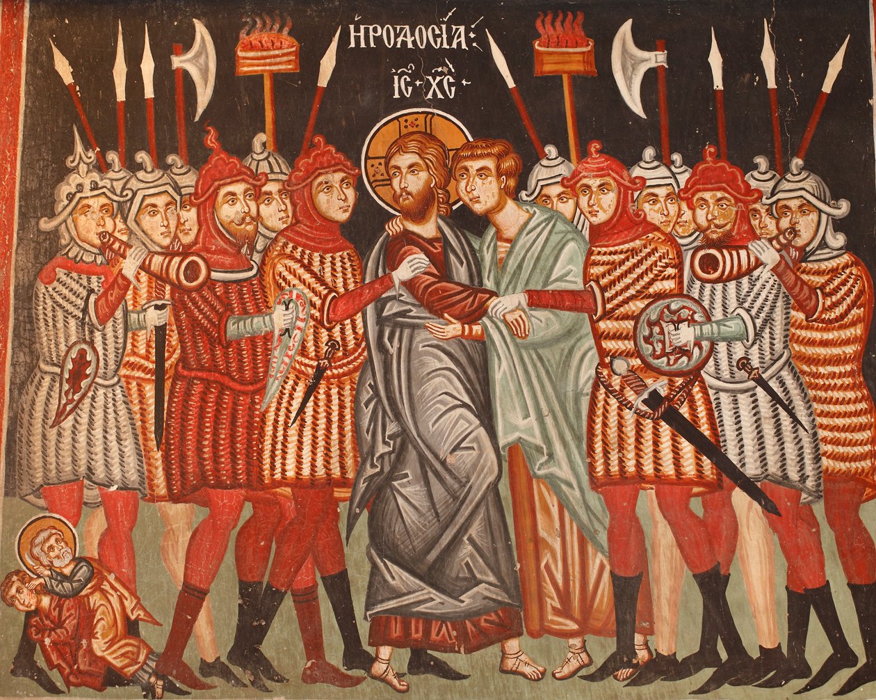 Byzantská freska z 15. století Juda Zrada a zatčení Ježíše Michaela Archandělská církev v Pedoulas Kypr Malované kostely Místo UNESCO Troodos, Kypr od Unbekannt