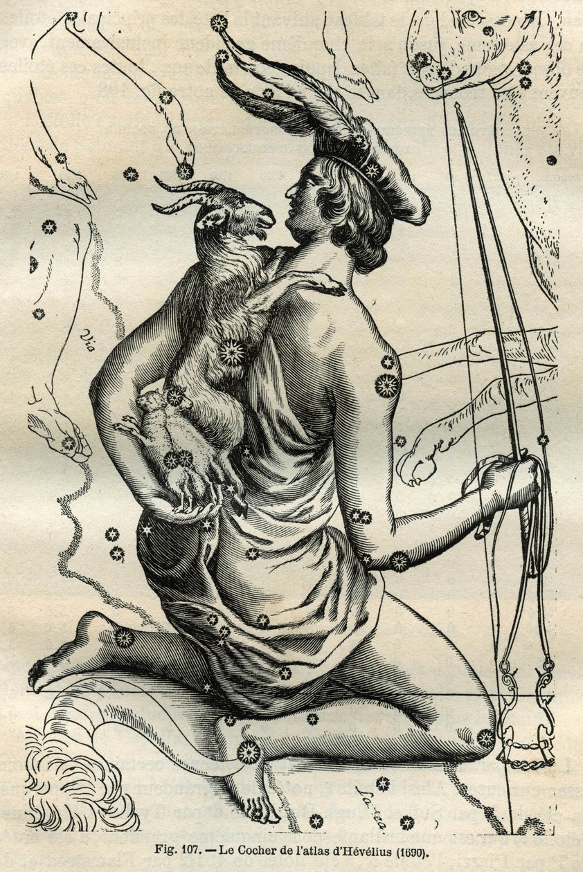 Coach of the Atlas of Hevelius (1690): Souhvězdí Coach, které drží v pravé ruce bič a renes a na levé paži Chevre a dva chevrály, je jedno z nejstarších v řecké sféře. Rytina z knihy Camille Flammarion „Les ét od Unbekannt