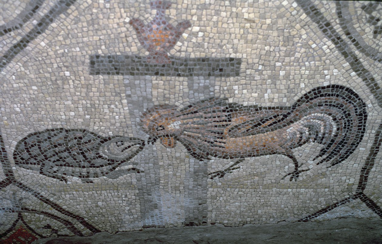 Kohout a želva, detail z dekorativní dlažby zobrazující křesťanské obrazy a pohanské symboly, c.313 AD (mozaika) od Unbekannt