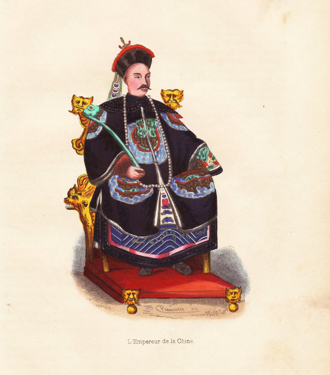 Čínský císař ve vyšívaném rouchu a klobouku s pavím perem sedící na trůnu. Ručně kolorovaný dřevoryt od Merciera podle Pannemakerovy ilustrace z knihy Augusta Wahlena "Mores, Uses et Costumes de tous les Peuples du Monde", Librairie Hist. od Unbekannter Künstler