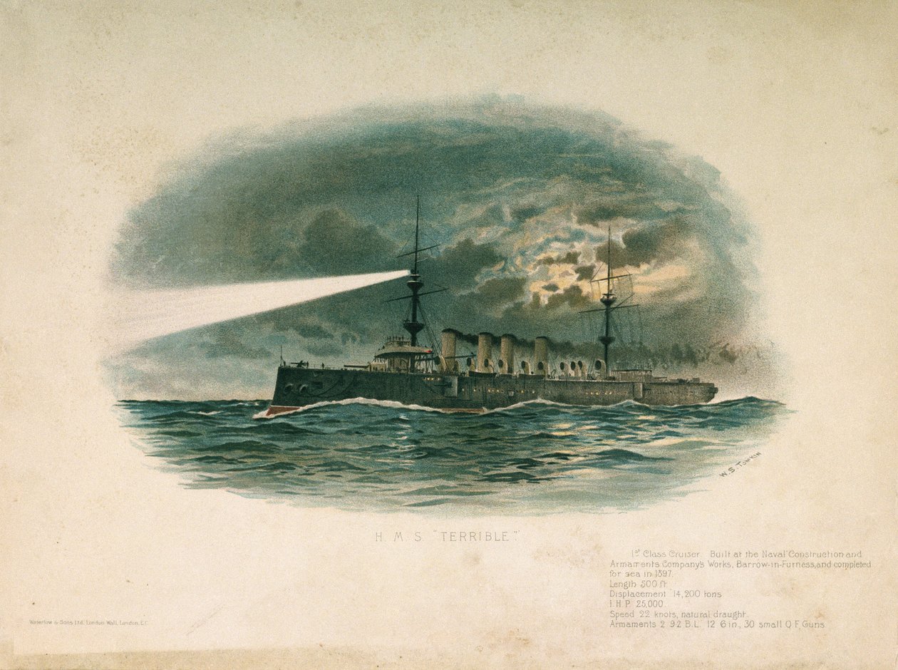 HMS "Terrible", křižník první třídy, postavený společností Barrow in Furness Shipbuilding and Arms Company v roce 1897. Chromolitografie z konce 19. století, autor W. S. Tomkin (). od Unbekannter Künstler