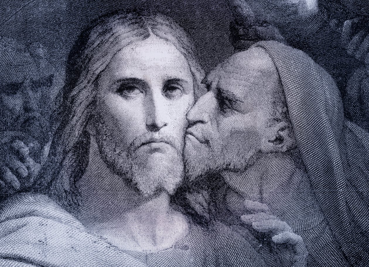 The Kiss – Jidáš Iškariotský líbá Ježíše Krista v Getsemanské zahradě, z „El Mundo Ilustrado“, vydáno Barcelona, kolem roku 1880 od Unbekannt
