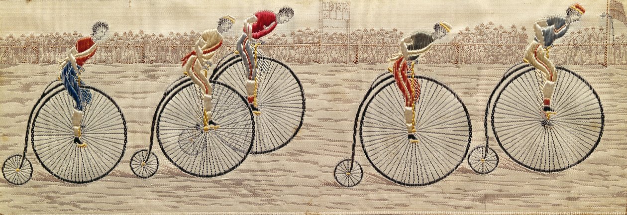 The Last Lap, Penny Farthing Race tkaný hedvábný Stevengraph, autor Thomas Stevens z Coventry od Unbekannter Künstler