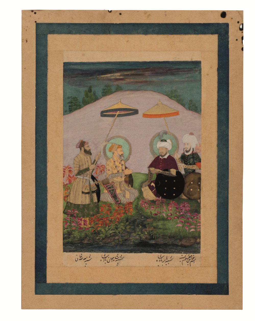 Mughalský císař Shah Jahan se svým předkem Timurem (kvaš se zlatem na papíře) od Unbekannter Künstler
