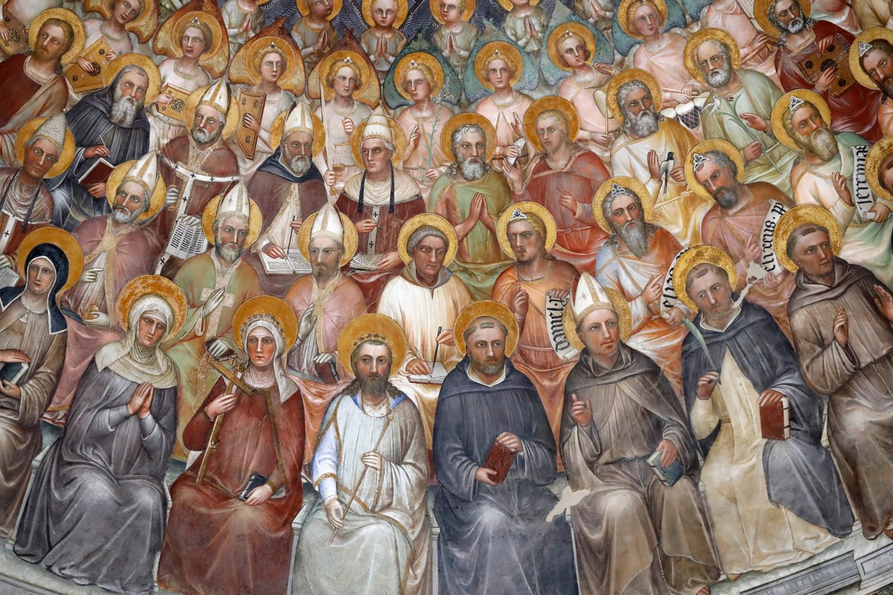 Baptisterium v Padově. Stropní fresky ze 14. století od Giusto de Menabuoi. Ráj. Žehnání Kristu s patriarchy, proroky a svatými. Detail. Padova. Itálie. (fotografie) od Unbekannt