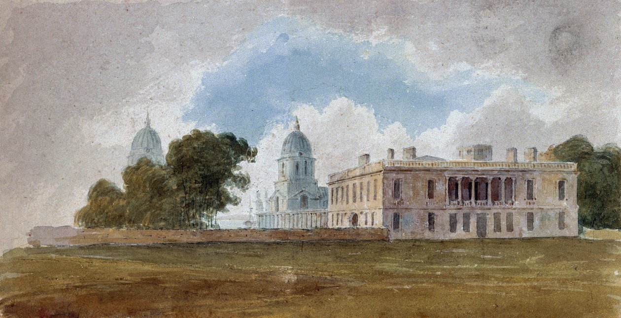 Královnin dům a nemocnice v Greenwichi (Anglie) s kopulemi budov Queen Mary Court a King William Court. Malba připisovaná Davidu Coxovi (1783-1859), akvarel kolem roku 1804. od Unbekannter Künstler