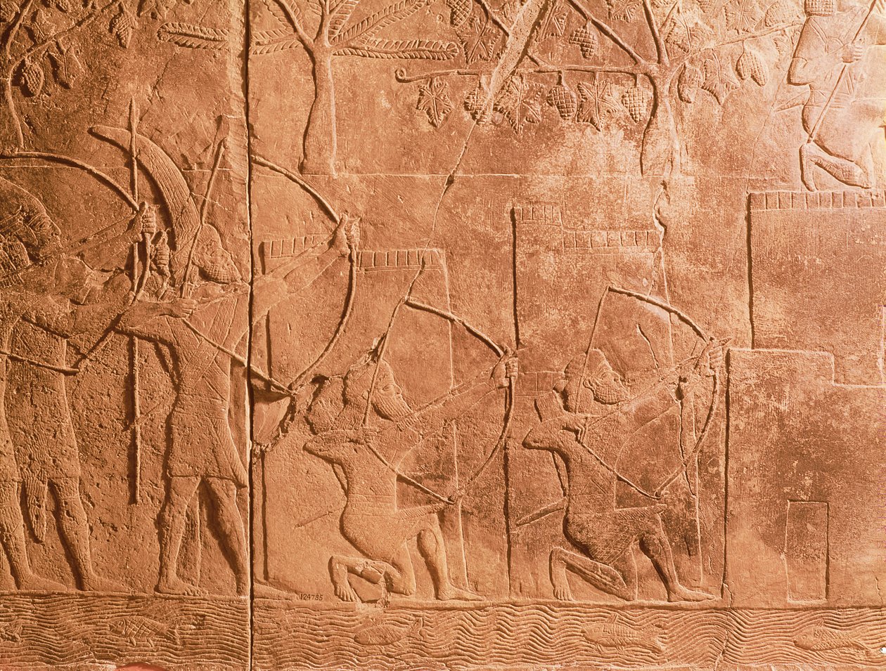 Obléhání Alammu armádou Senacheriba (704-681 př.nl) detail z panelu z jihozápadního paláce v Ninive, cca 700 př.nl (sádra) (viz také 85704) od Unbekannt