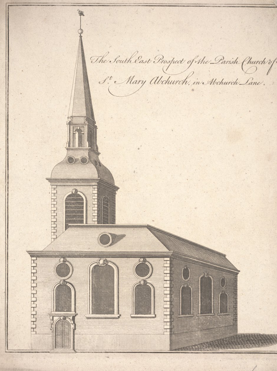 Jihovýchodní prospekt farního kostela St. Mary Abchurch, v Abchurch Lane, c.1740 (rytina) od Unbekannter Künstler