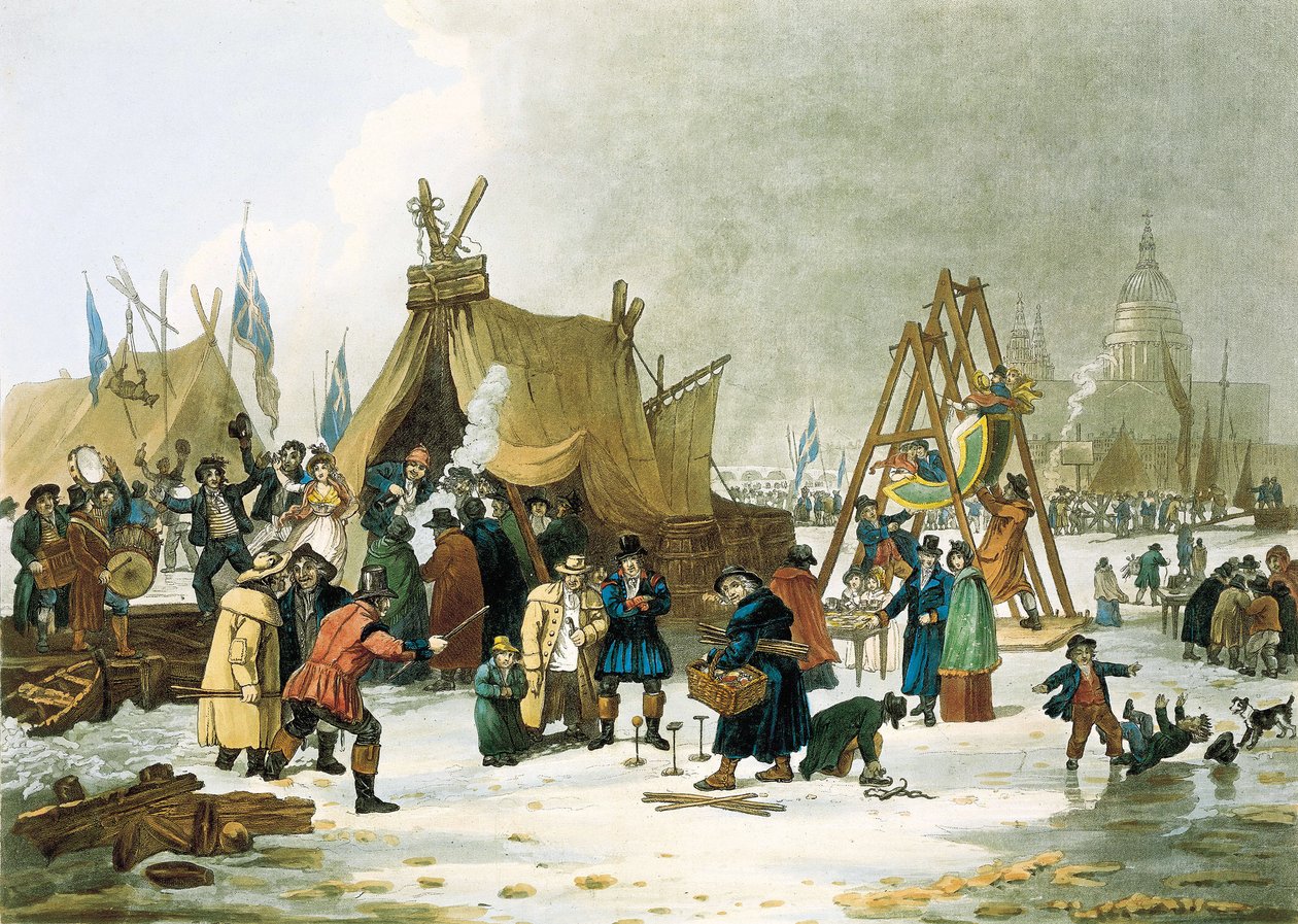 Temže zamrzla v zimě 1813-1814, před zbouráním starého londýnského mostu v roce 1831 Temže zamrzala během velmi chladných zim a Londýňané využili příležitosti a zřídili dětská hřiště, improvizovaná kluziště a postavili deset od Unbekannter Künstler