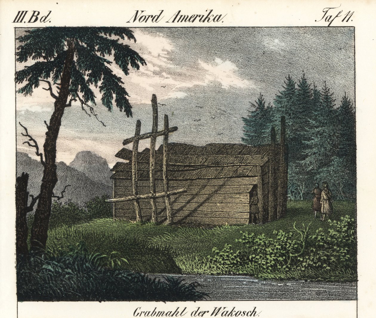 Dřevěná hrobka indiánů z kmene Wakashan (Kanada). Litografie pro knihu: "Friedrich Wilhelm Goedsche (1785-1863), Míšeň (Německo). od Unbekannter Künstler