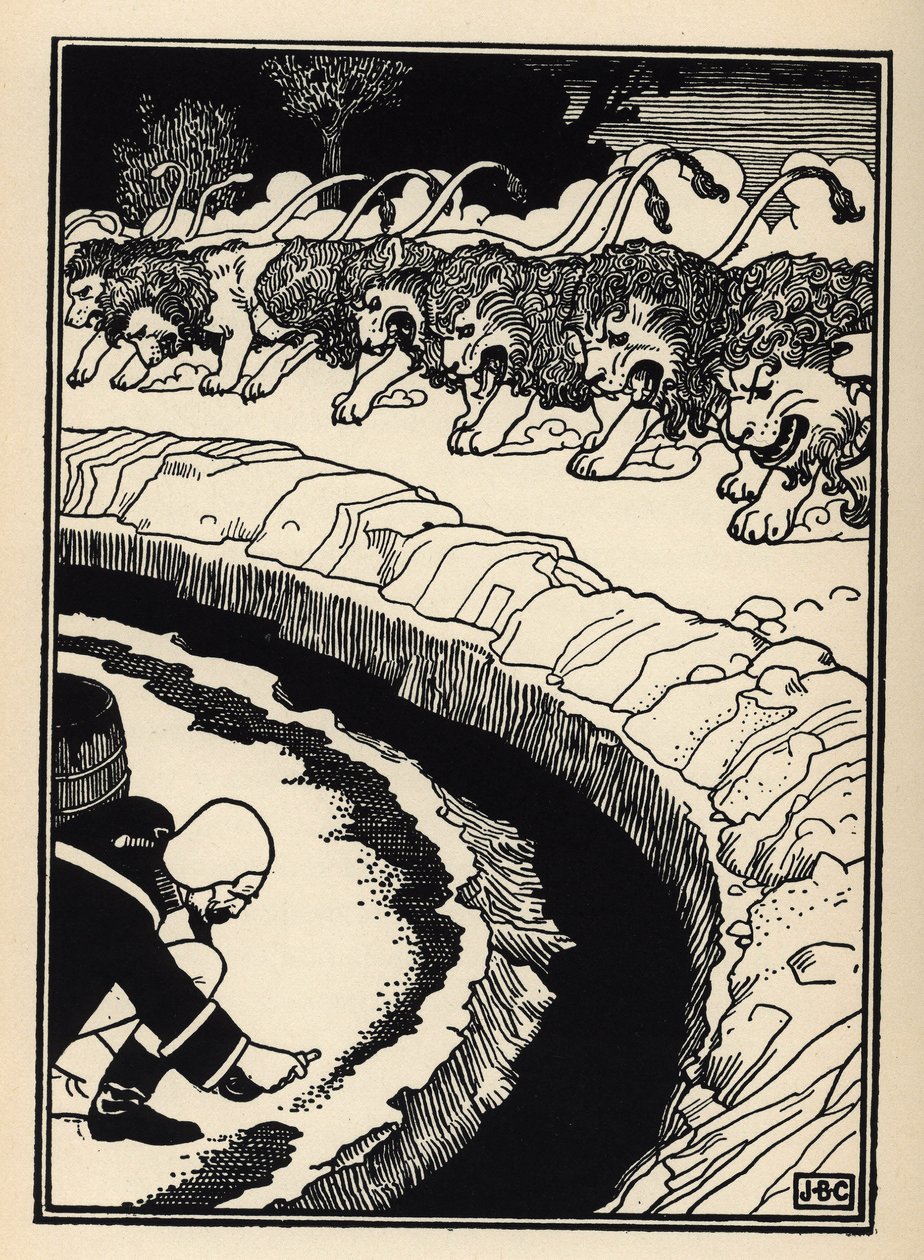 Baron se brání útoku lvů zapálením střelného prachu. Ilustrace Williama Stranga (1859-1921) a JB Clarka z „Dobrodružství barona z Munchausenu (Munchhausen) od Rudolfa Ericha Raspeho (1736-1794) (1789) od Unbekannt