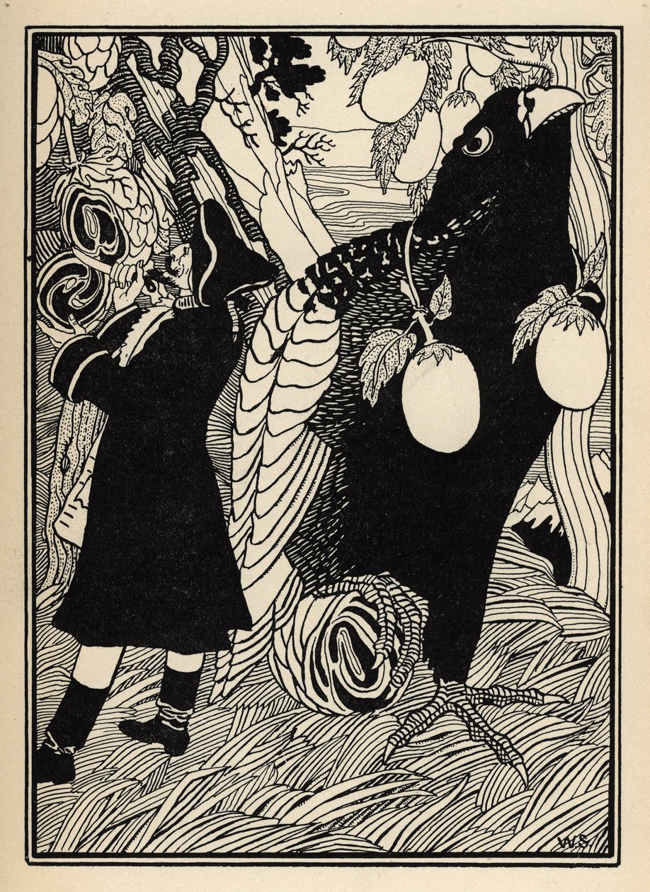 Baron objeví velké ptáky a rotis na stromech ve Spojených státech. Ilustrace William Strang (1859-1921) a JB Clark z „Dobrodružství barona z Munchausenu (Munchhausen) od Rudolfa Ericha Raspeho (1736-1794) (1789) od Unbekannter Künstler